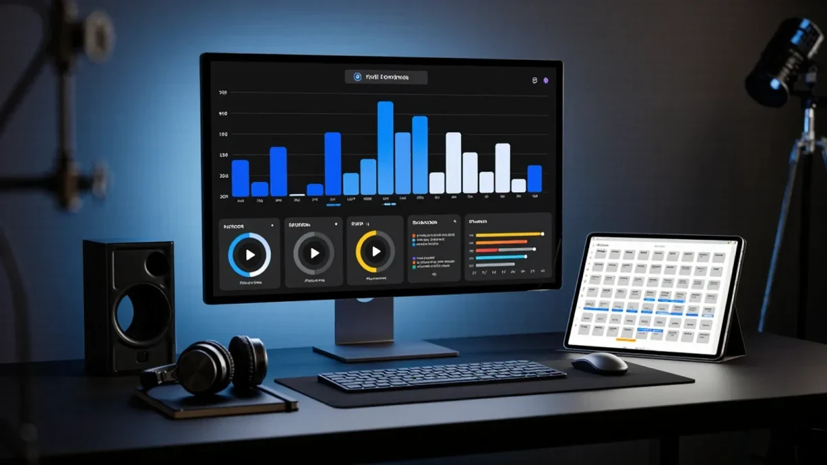 Analyst workstation with match footage and player data graphics