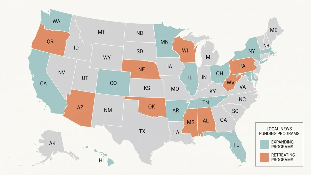 U.S. map infographic with states shaded by local-news funding activity