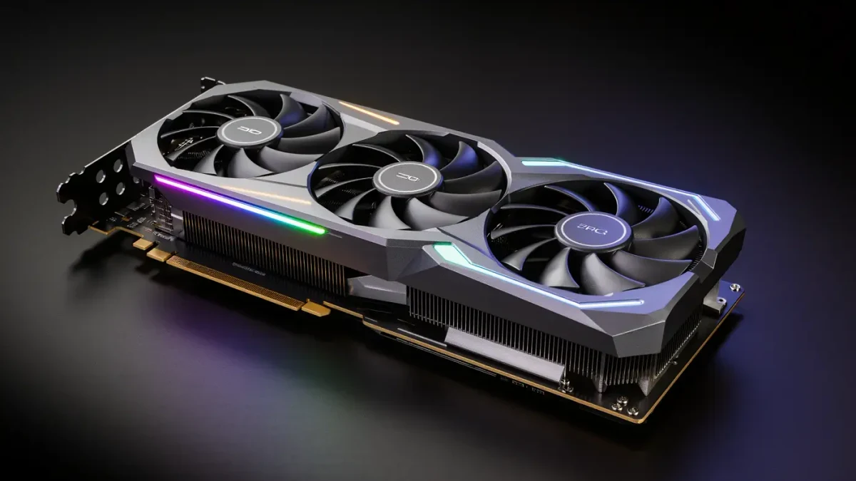 Macro close-up of a high-end graphics card and its cooling fans