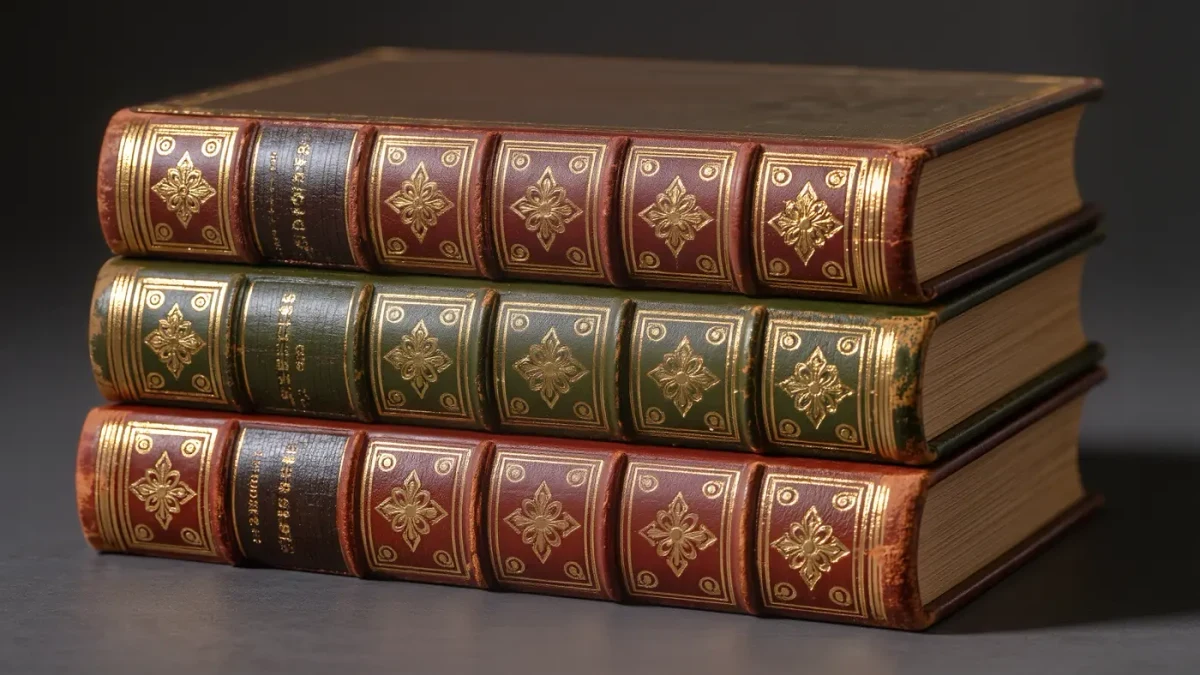 Gold-tooled spines of old cloth and leather volumes stacked shoulder-high