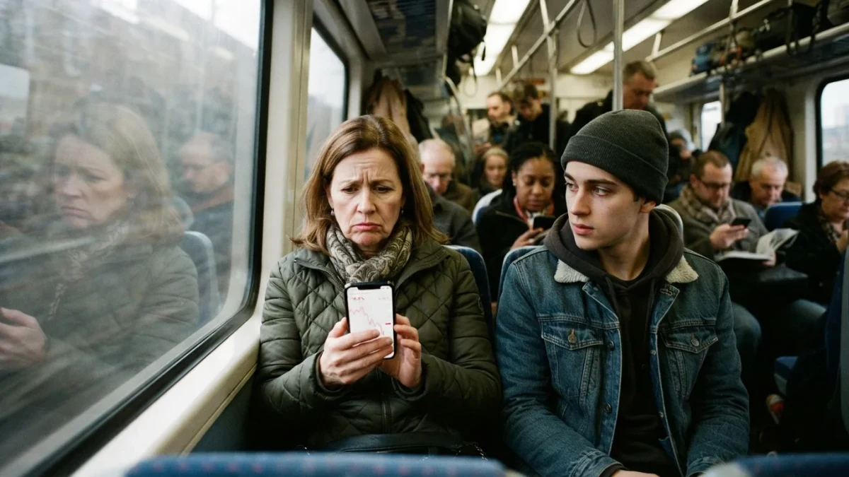 Commuter staring worriedly at a falling price chart on her phone