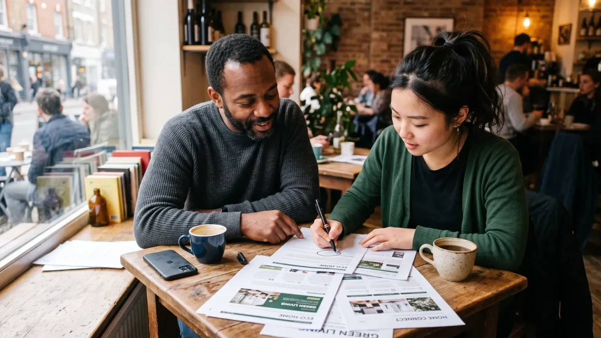 Two founders comparing printed competitor pages at a café table