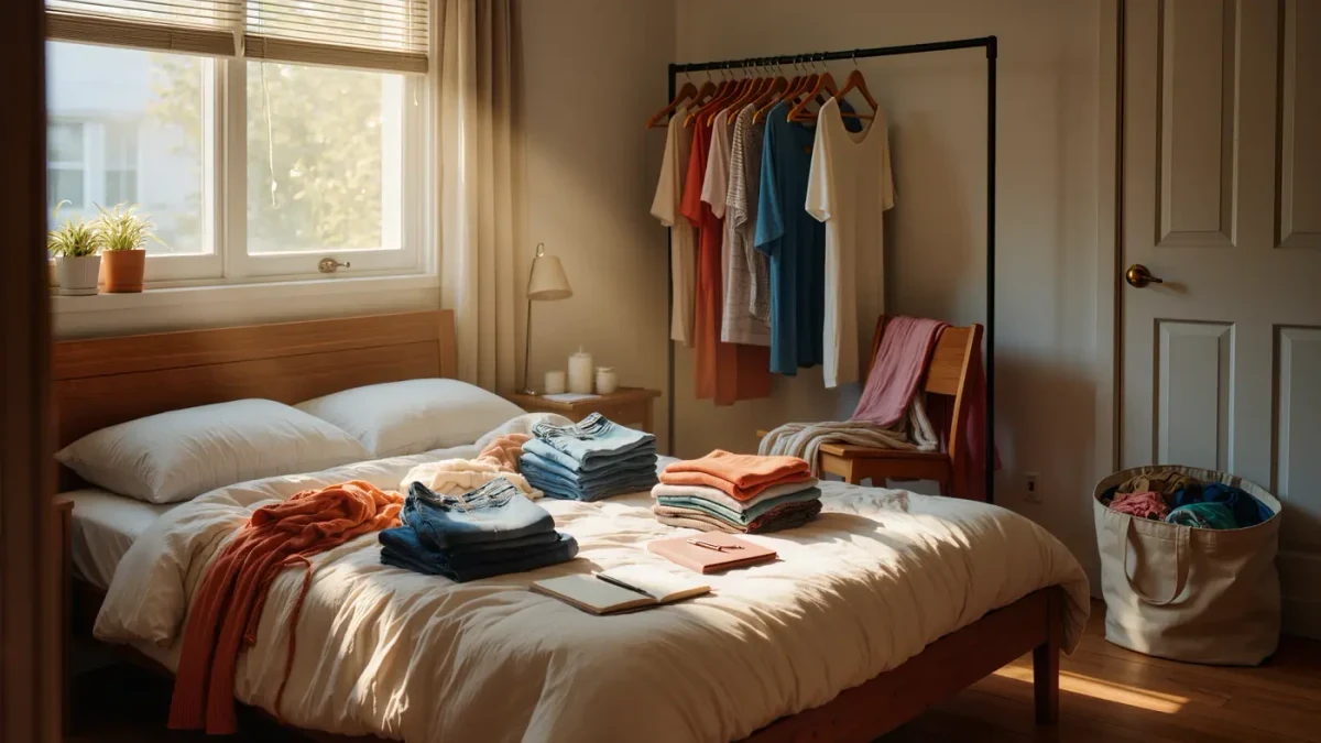 Sunlit bedroom with clothes sorted into tidy category piles on a bed and an open closet