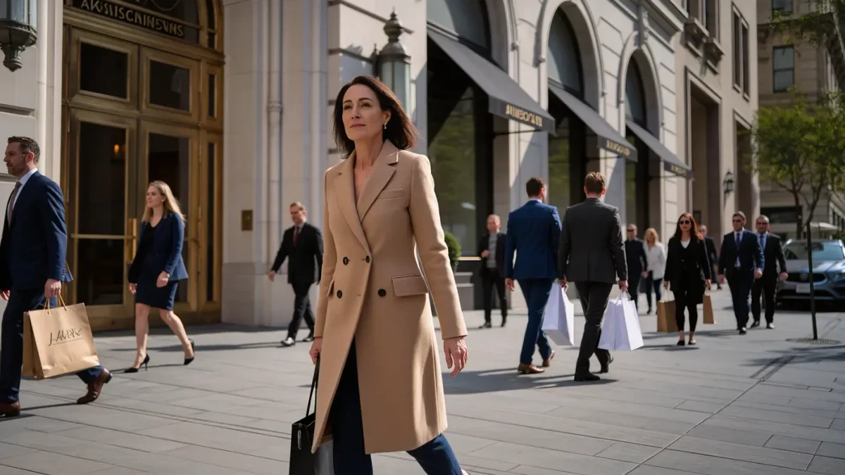 Shopper approaches a grand luxury department store entrance on a bright afternoon