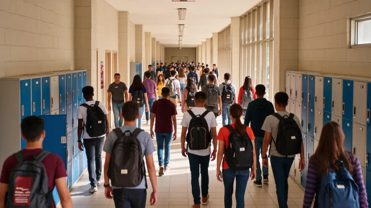 Students walking through a sunlit high school hallway between classes