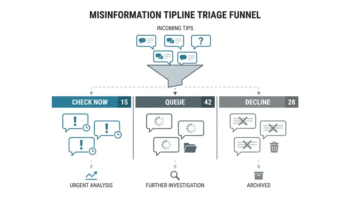 Queue infographic triaging reader rumors into check, decline, and story paths