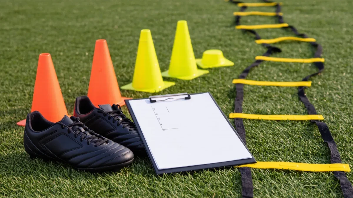 Football boots and cones beside a training ladder on grass