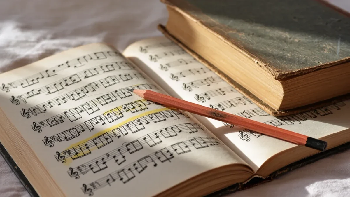 Annotated libretto page with pencil marks beside a dog-eared novel