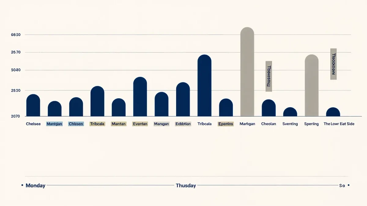 Weekly calendar graphic marking evening gallery opening slots across Manhattan districts