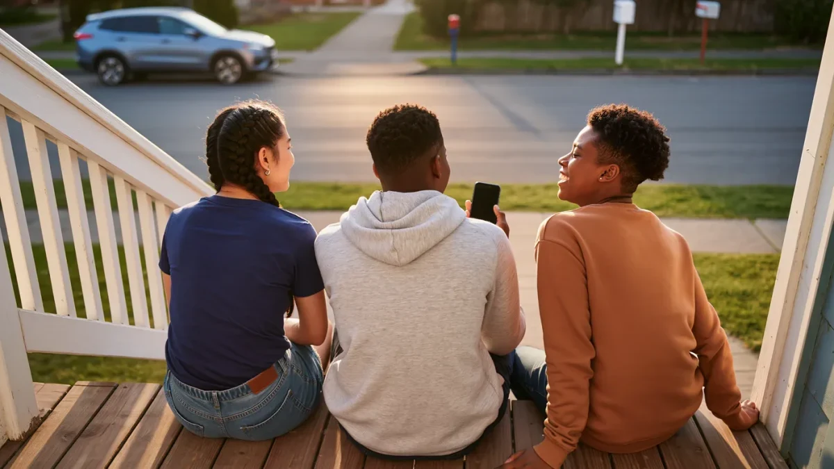 Teens sitting together on a porch looking at phones