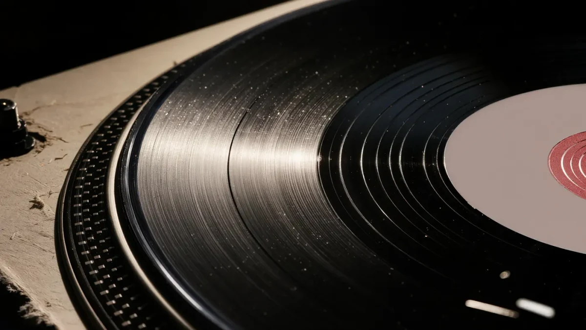 Grooves of a vintage vinyl record under warm studio light