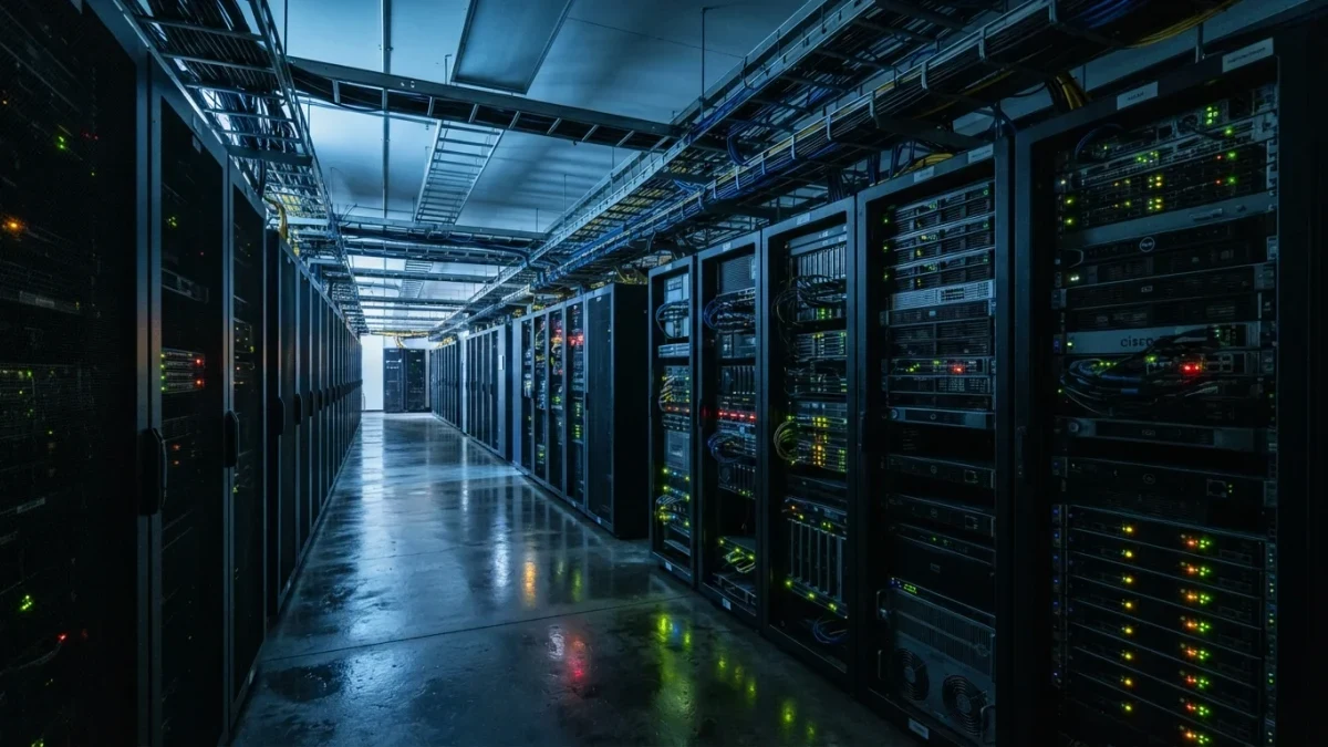 Data center corridor lined with glowing server racks and cable trays