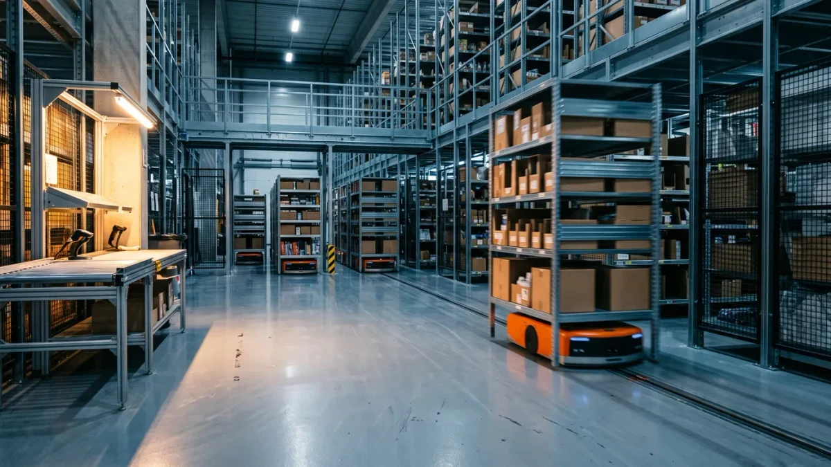 Mobile robots carrying shelves past a picking station