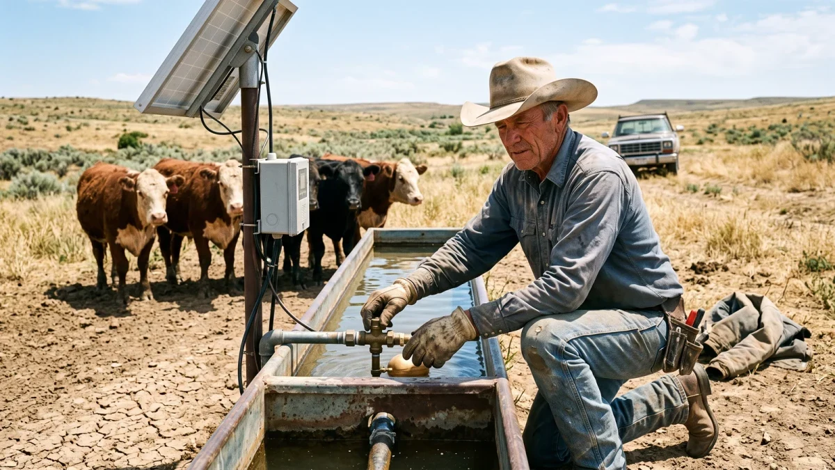 Rancher checking a solar-powered stock water tank in dry pasture