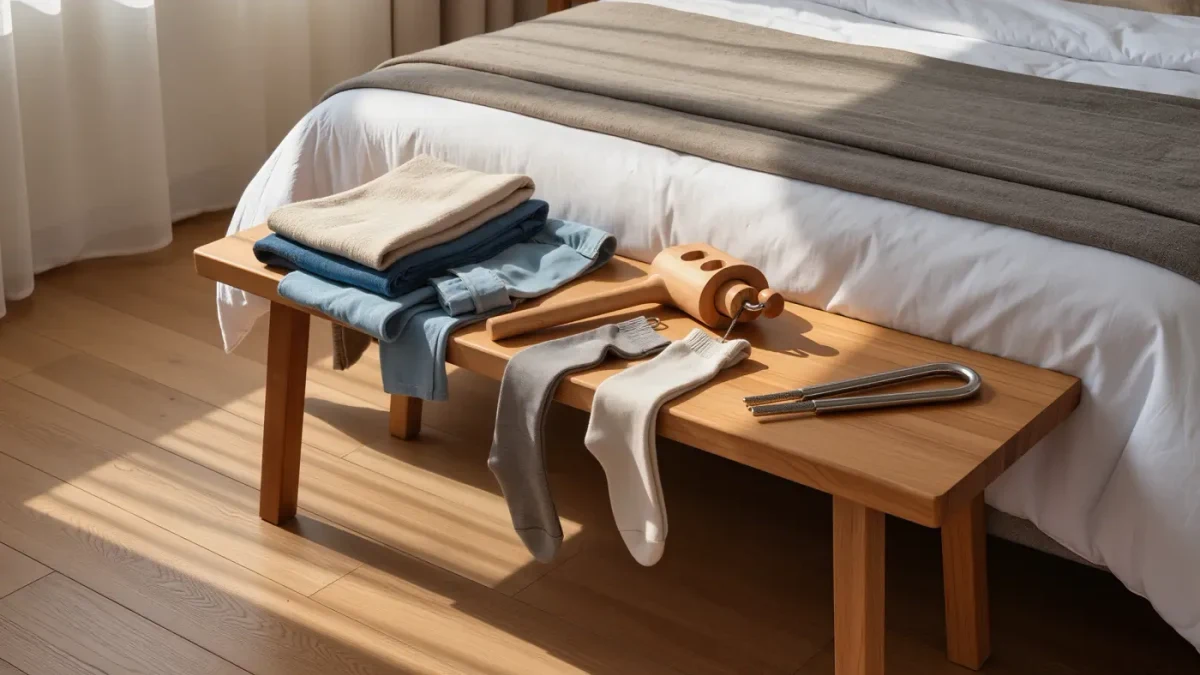 Morning bedroom bench with laid-out clothes, dressing stick, sock aid, and long shoehorn