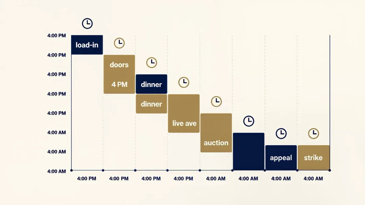 Run-of-show timeline chart for gala night with hourly cue blocks