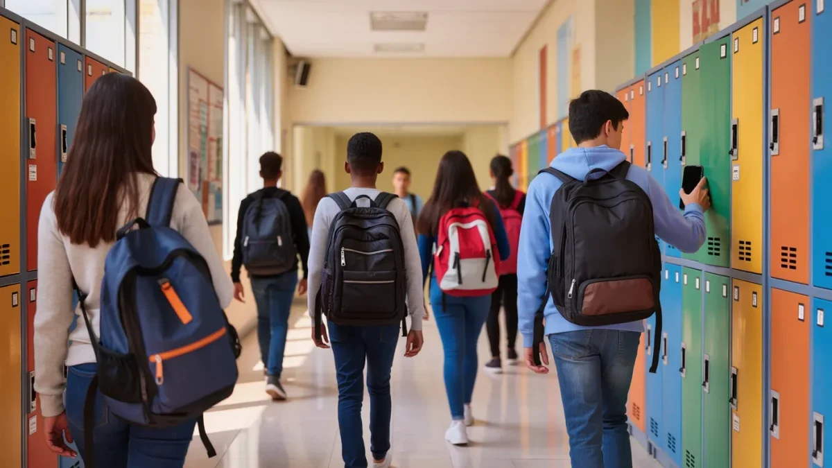 Students walking down a school hallway seen from behind