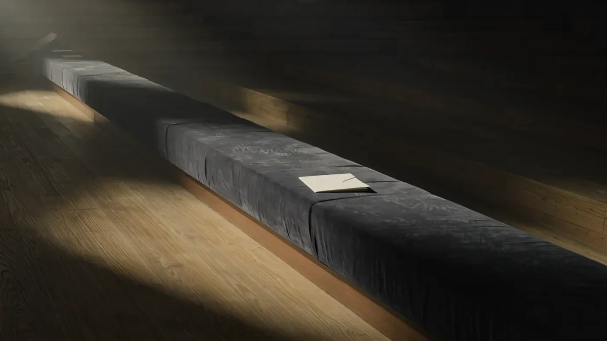 Close-up of an empty front row bench at a runway venue
