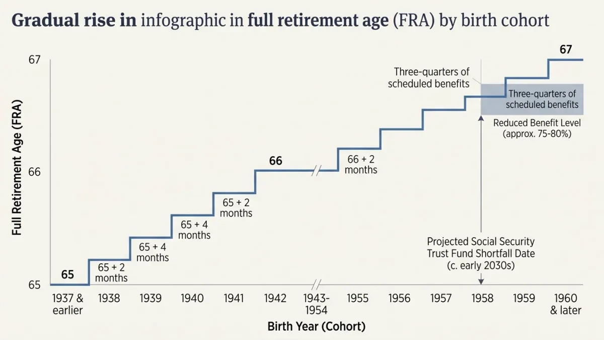 Infographic of full retirement age by birth year with projected shortfall date
