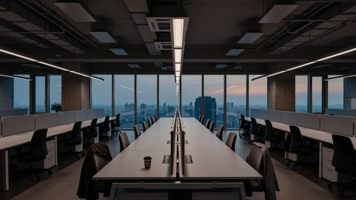 Half-lit office floor with rows of empty desks and chairs