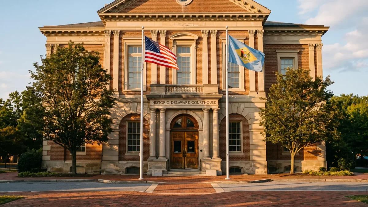 Delaware courthouse facade with golden late-afternoon light