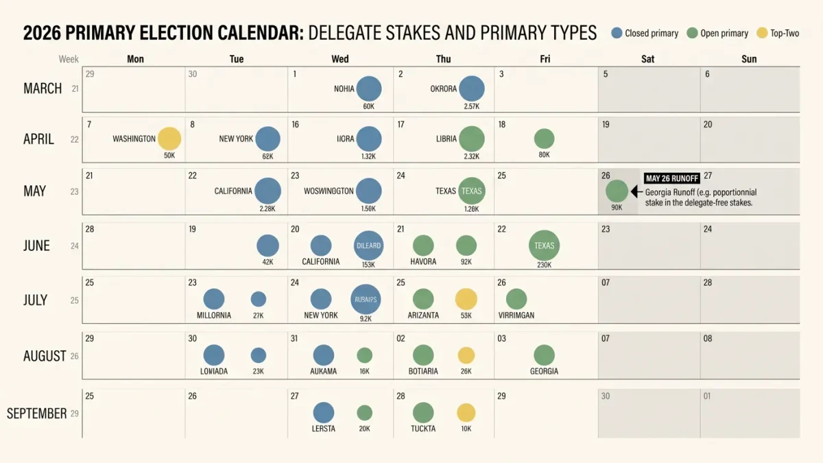 Calendar infographic of the 2026 primary schedule by month