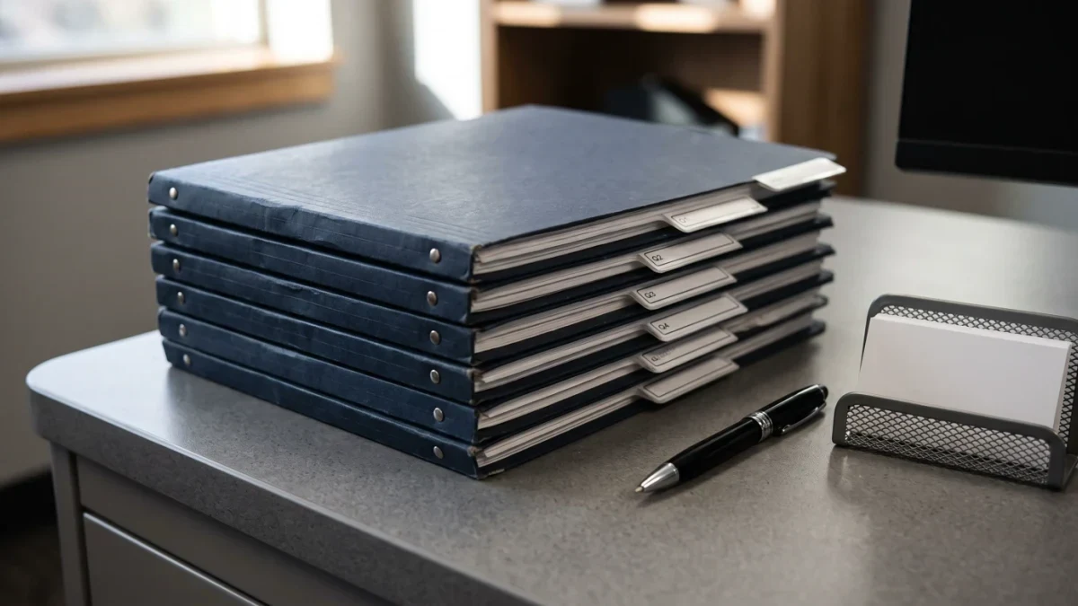Stacked quarterly files beside a broadcast tower window