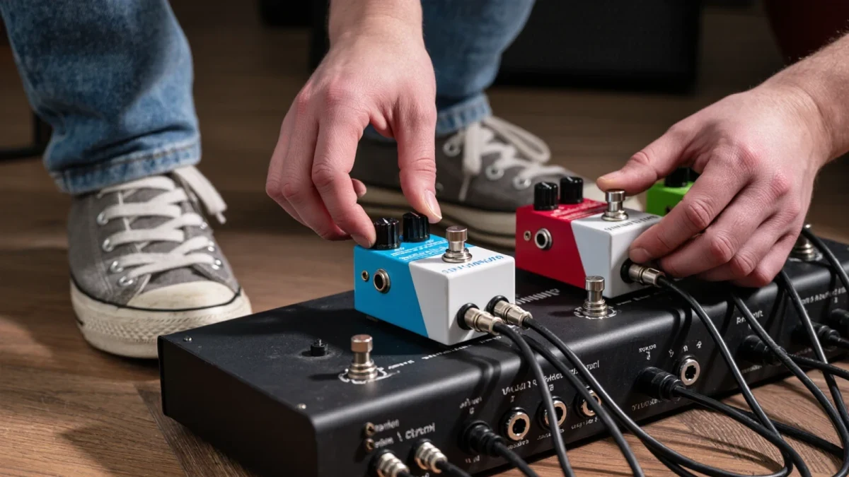 Guitarist adjusting knobs on two compact overdrive pedals on a pedalboard