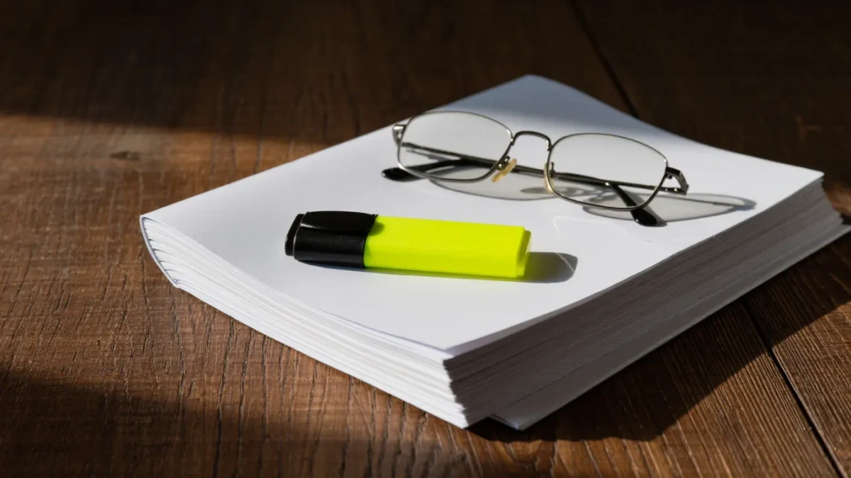 Close-up of stacked script drafts and highlighter on a desk