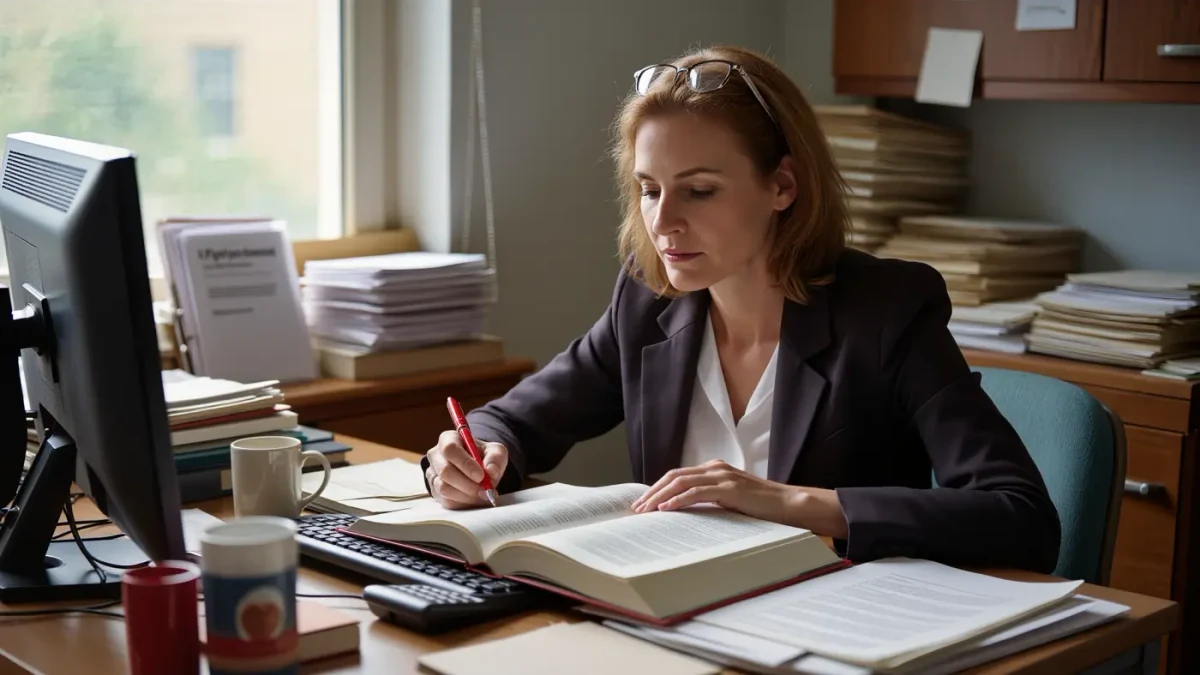 A literary agent reading a printed manuscript at a cluttered desk