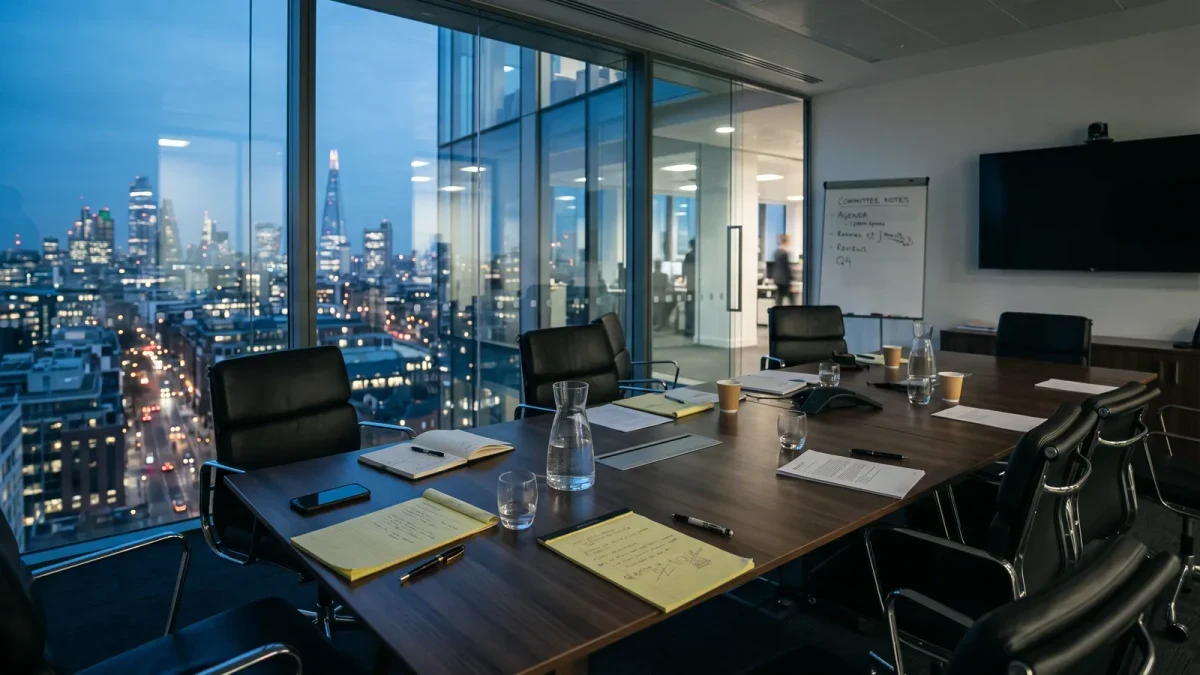Committee members conferring privately while advisors wait outside glass wall