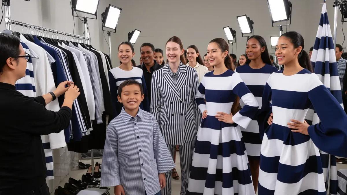 Backstage models laughing in bold striped sculptural garments before a show