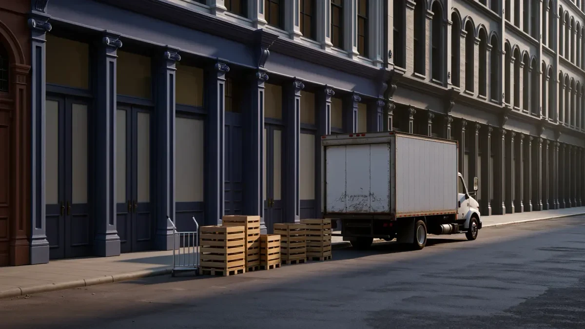 Gallery street with parked truck and wooden crates, morning light