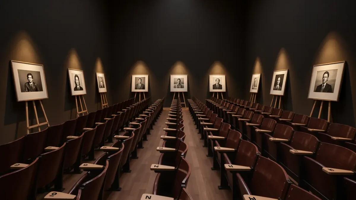 Auction gallery with bidding paddles before a photographs sale