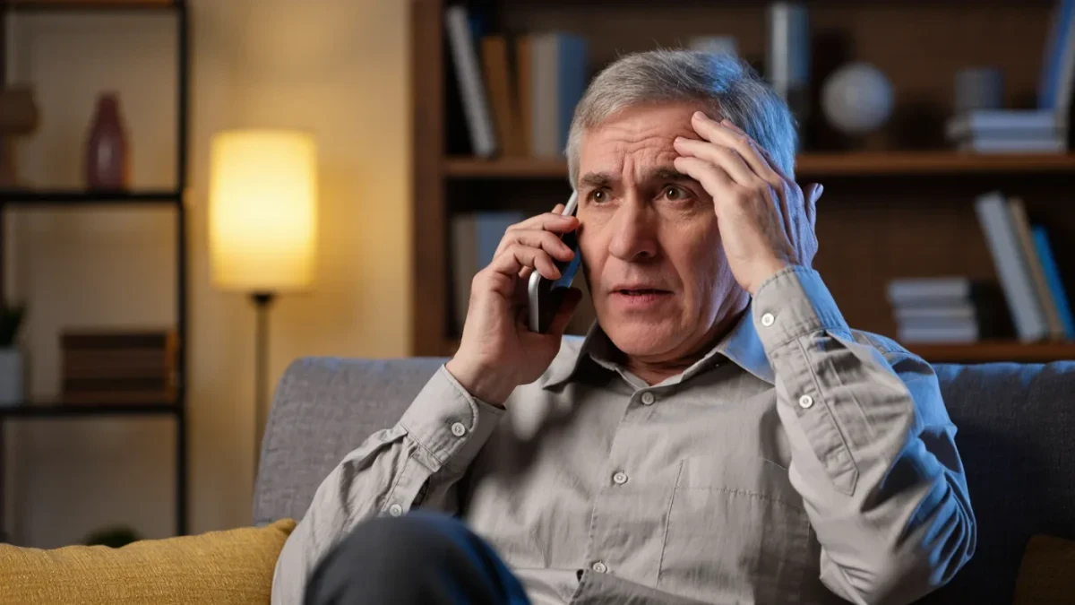 An older man on a phone call looking alarmed in a living room
