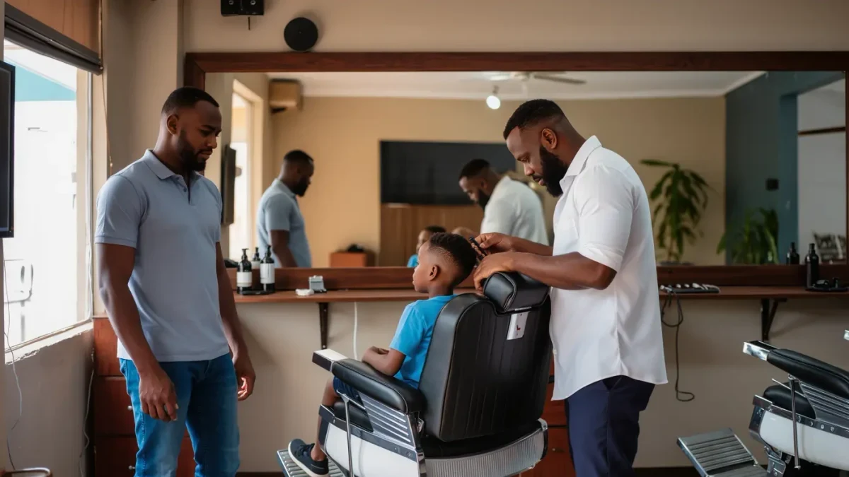 Barber patiently giving a child a gentle haircut in a quiet shop