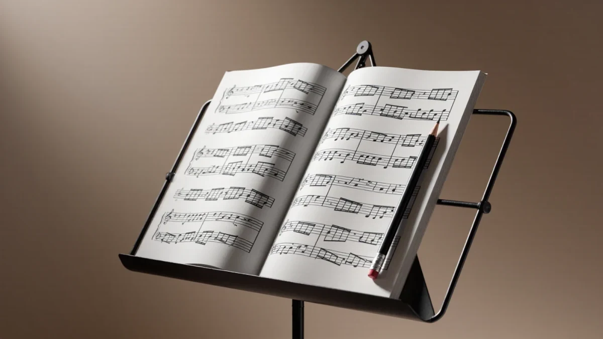Close-up of printed sheet music with pencil fingerings on a stand