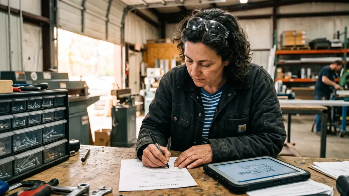 Woman business owner signing certification documents in her workshop