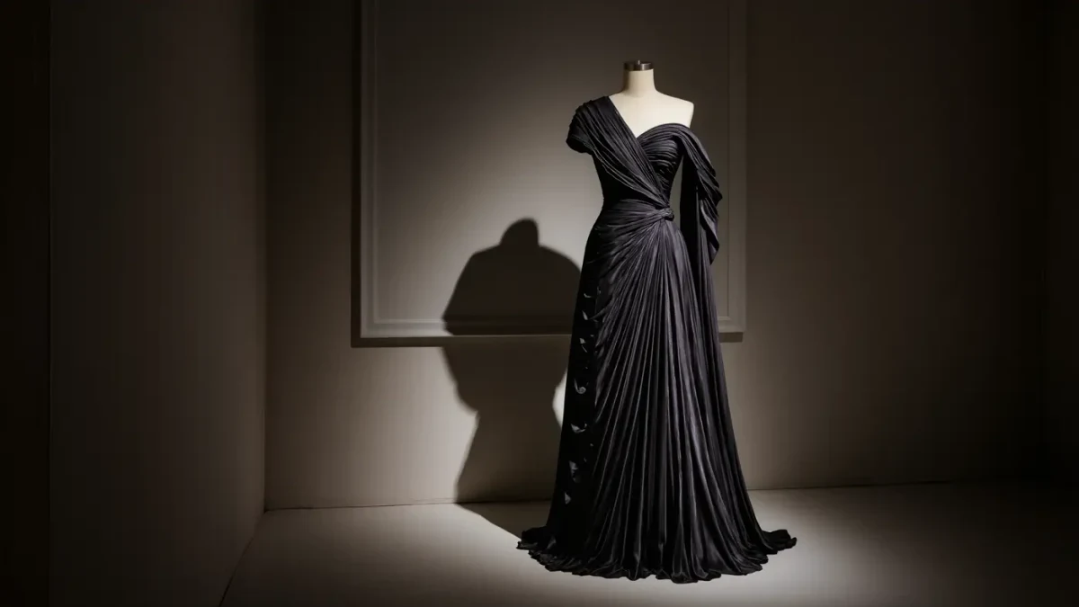 Sculptural black gown displayed on a dress form like a museum artwork