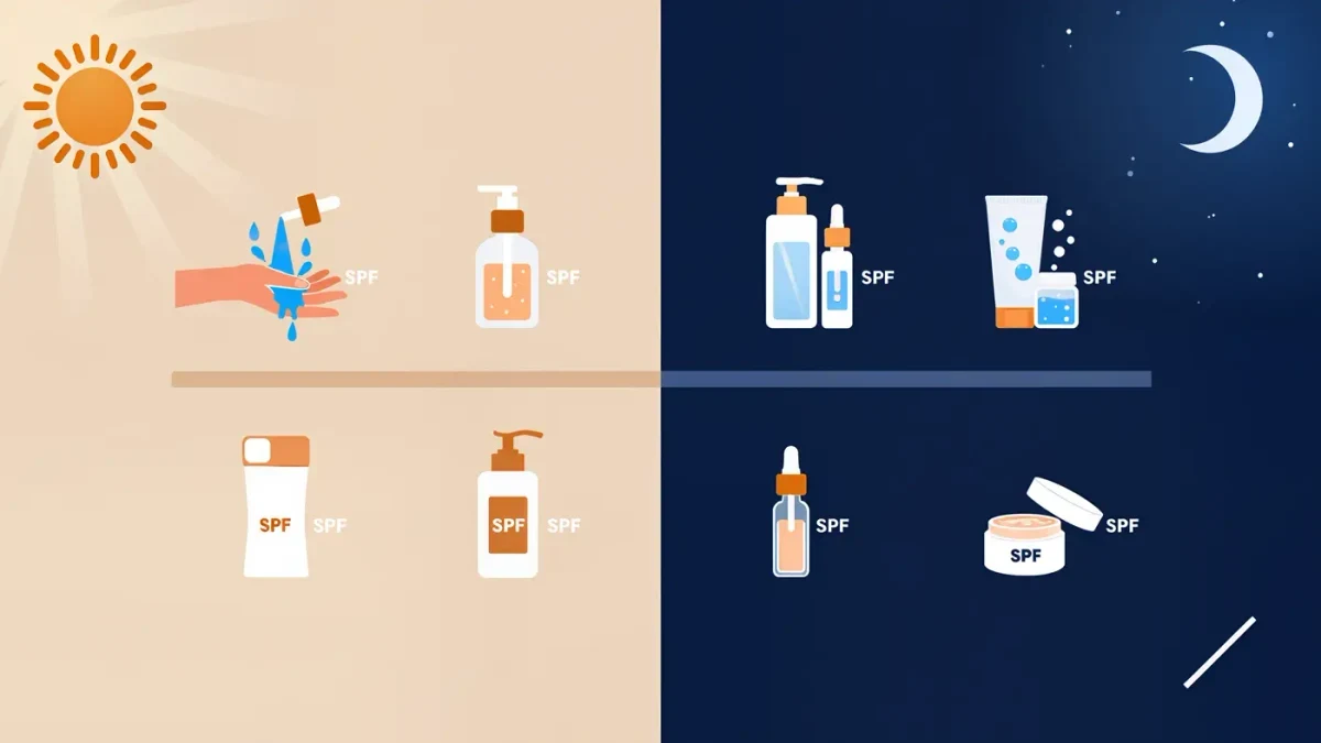 Split infographic comparing morning and evening skincare steps with sun and moon icons