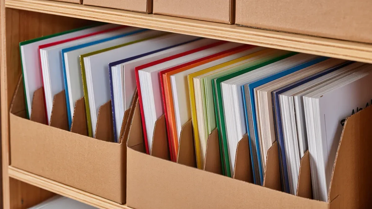 Close-up of a comic shop pull-list shelf with labeled divider cards