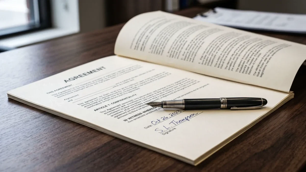 Close-up of a contract signing pen resting on an unsigned agreement page