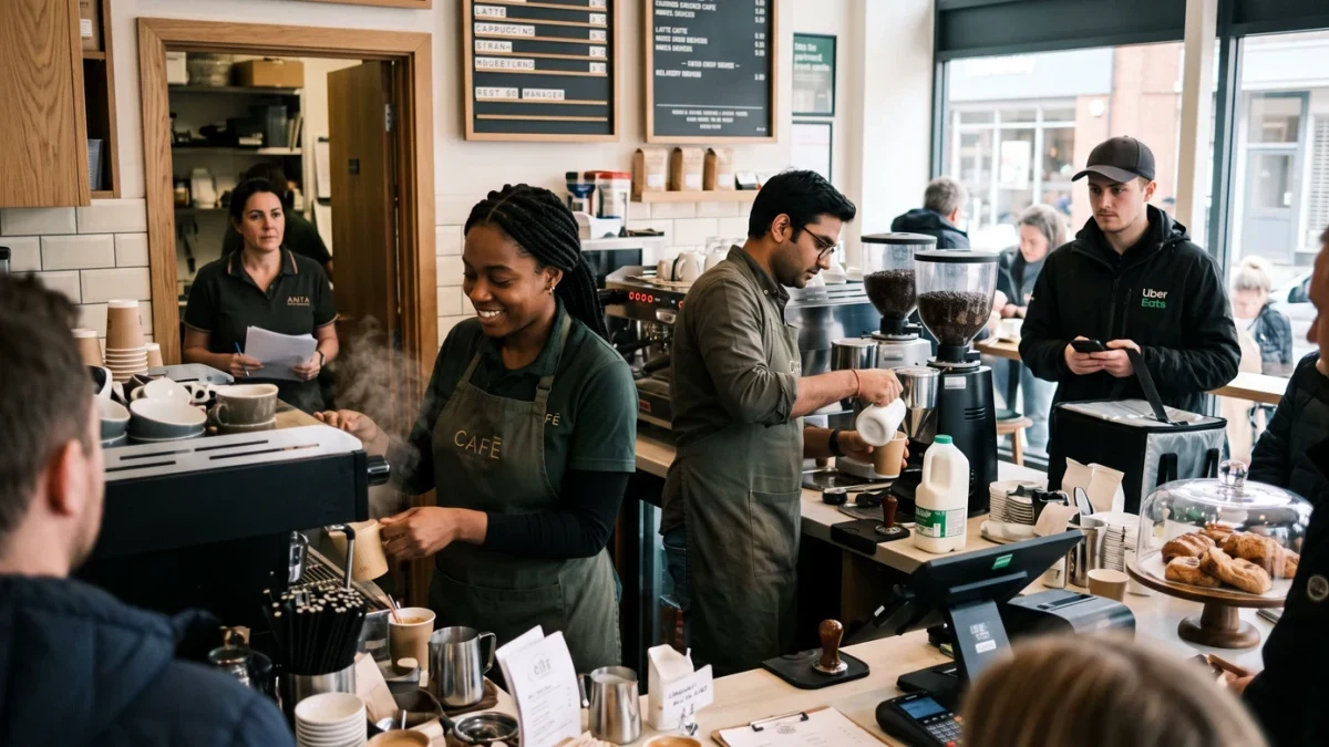 Franchise storefront staffed by workers behind counter