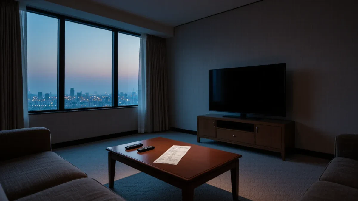 Living room at dusk with a blank television and a drifting subscription bill