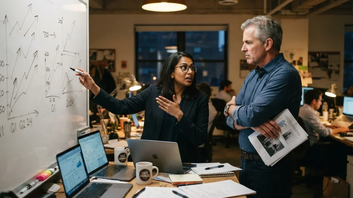 Two analysts debating forecasts beside a marker-covered whiteboard