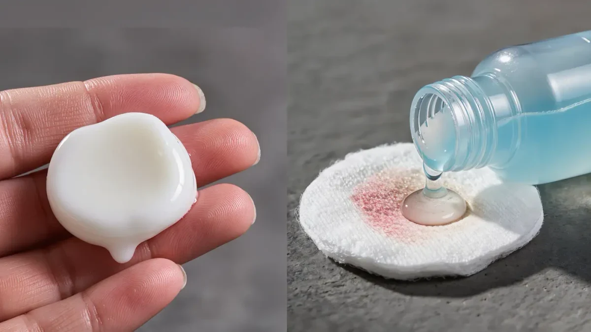 close-up of melting cleansing balm on fingertips beside micellar water on cotton pad
