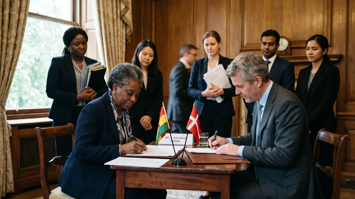 Two diplomats formally signing a protecting-power mandate at a desk