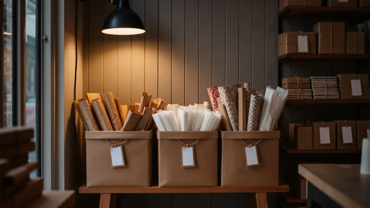 Sorted delivery parcels in labeled bins at a small shop doorway