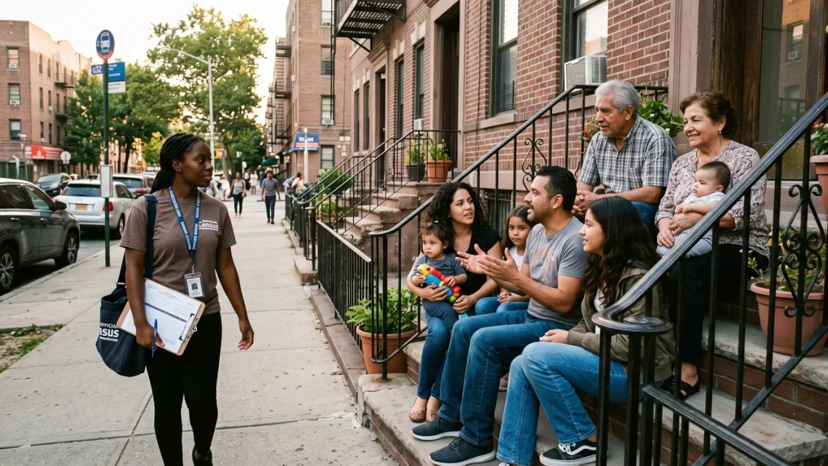 Multi-generational family on an apartment stoop while a canvas bag carrying worker approaches