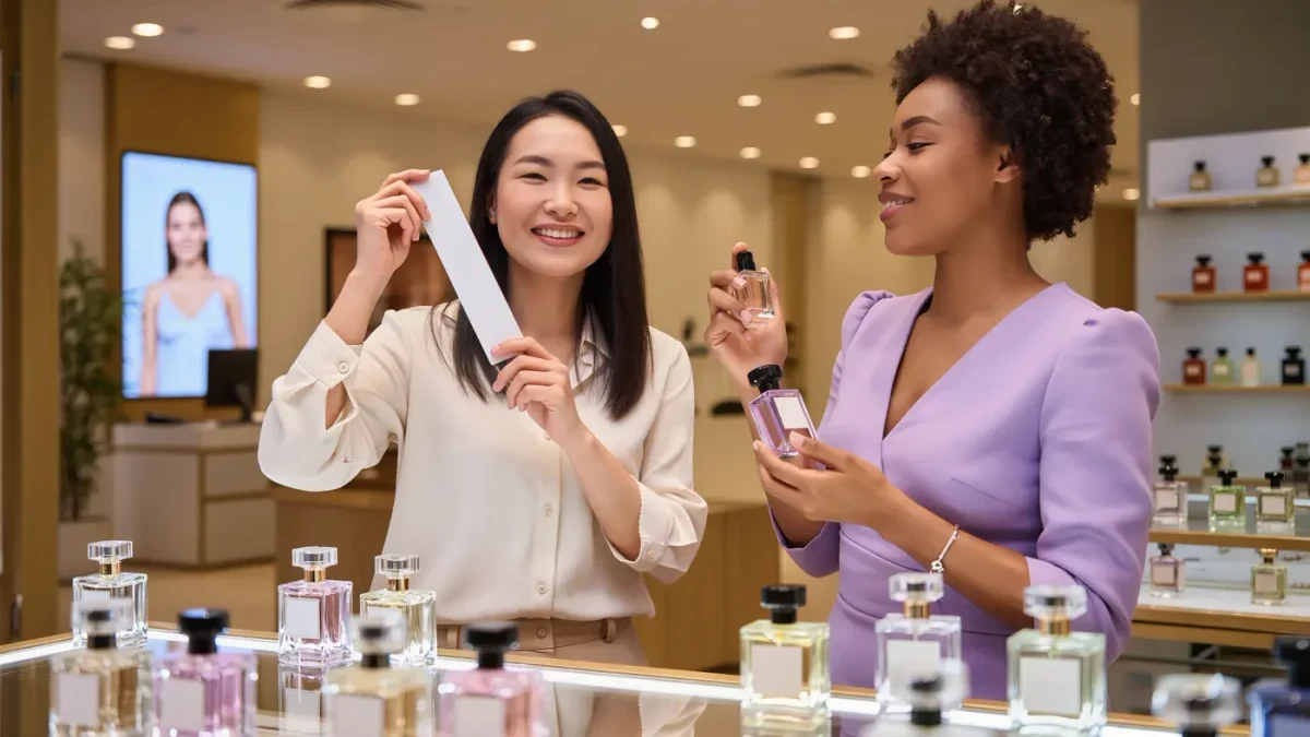 Shoppers testing fragrances at a department store perfume counter